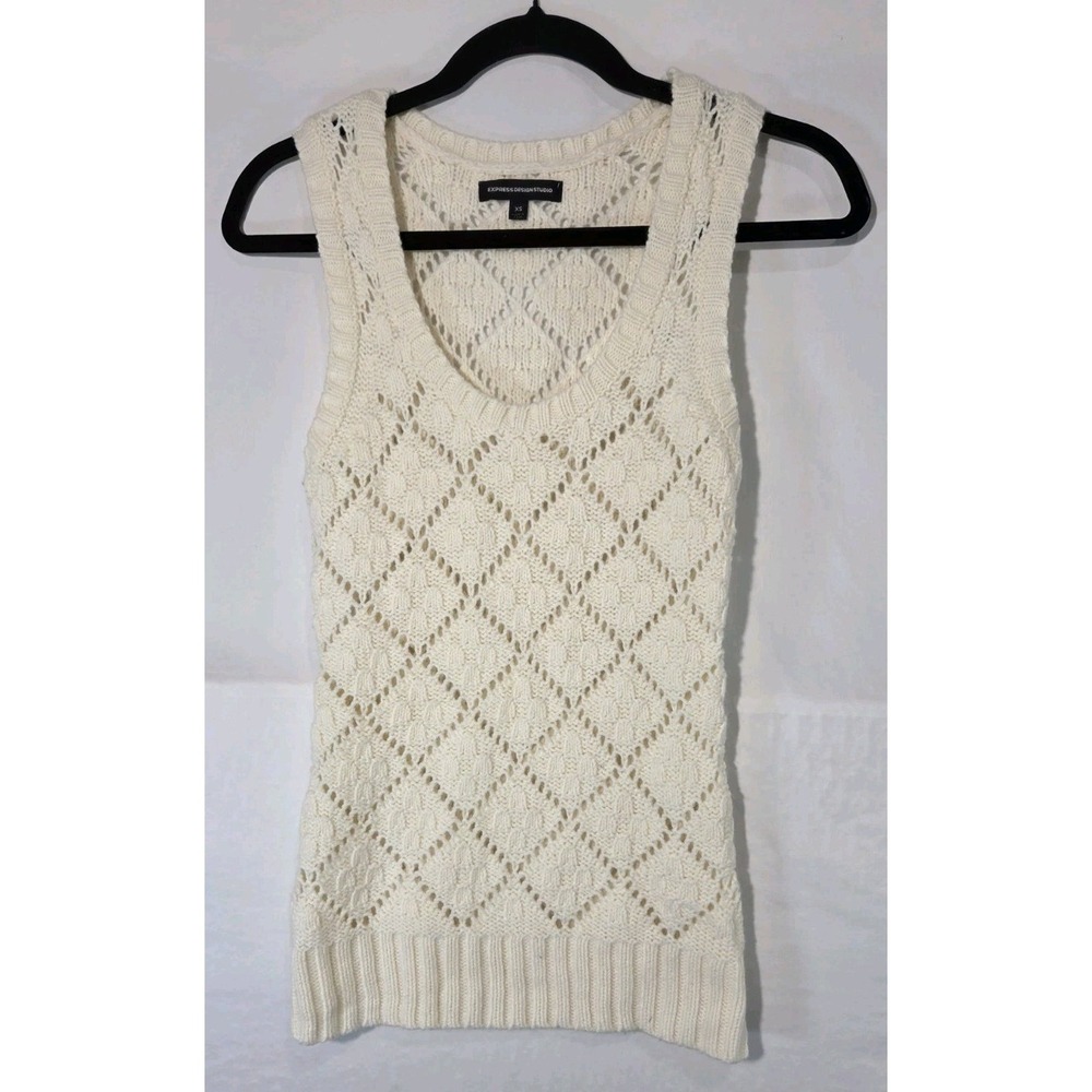 Y2K Express Crochet Knit Sweater Vest Small Cream Merino Wool Tank